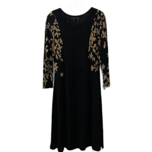 VTG Womens Black Gold Floral Embroidered Midi Dress With Side Slits Size L/XL - Picture 2 of 13